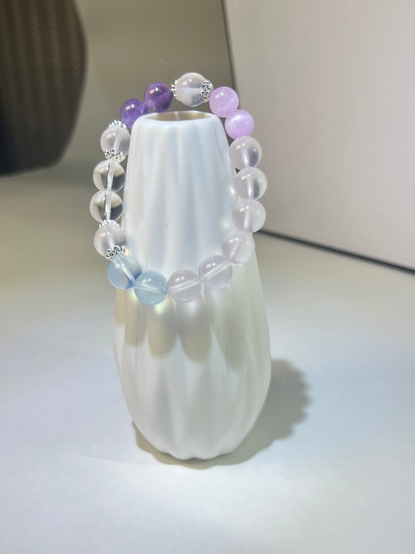 Multipurpose Crystal Bracelet: Aquamarine for Courage, Amethyst for Calm, Rose Quartz for Love – Handmade