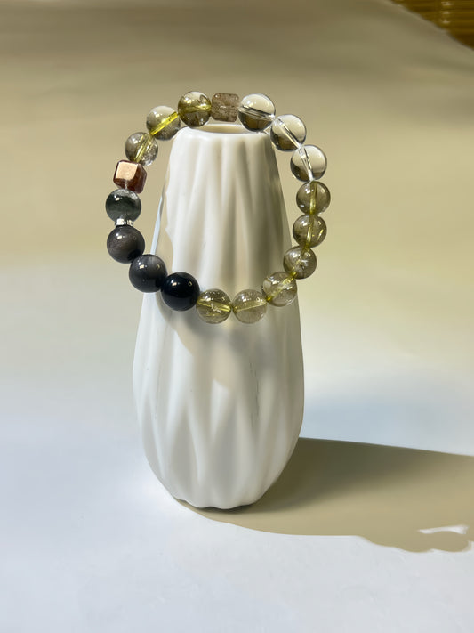 Golden Rutilated Quartz, Clear Quartz & Black Obsidian Bracelet Healing Energy, Chakra Balancing