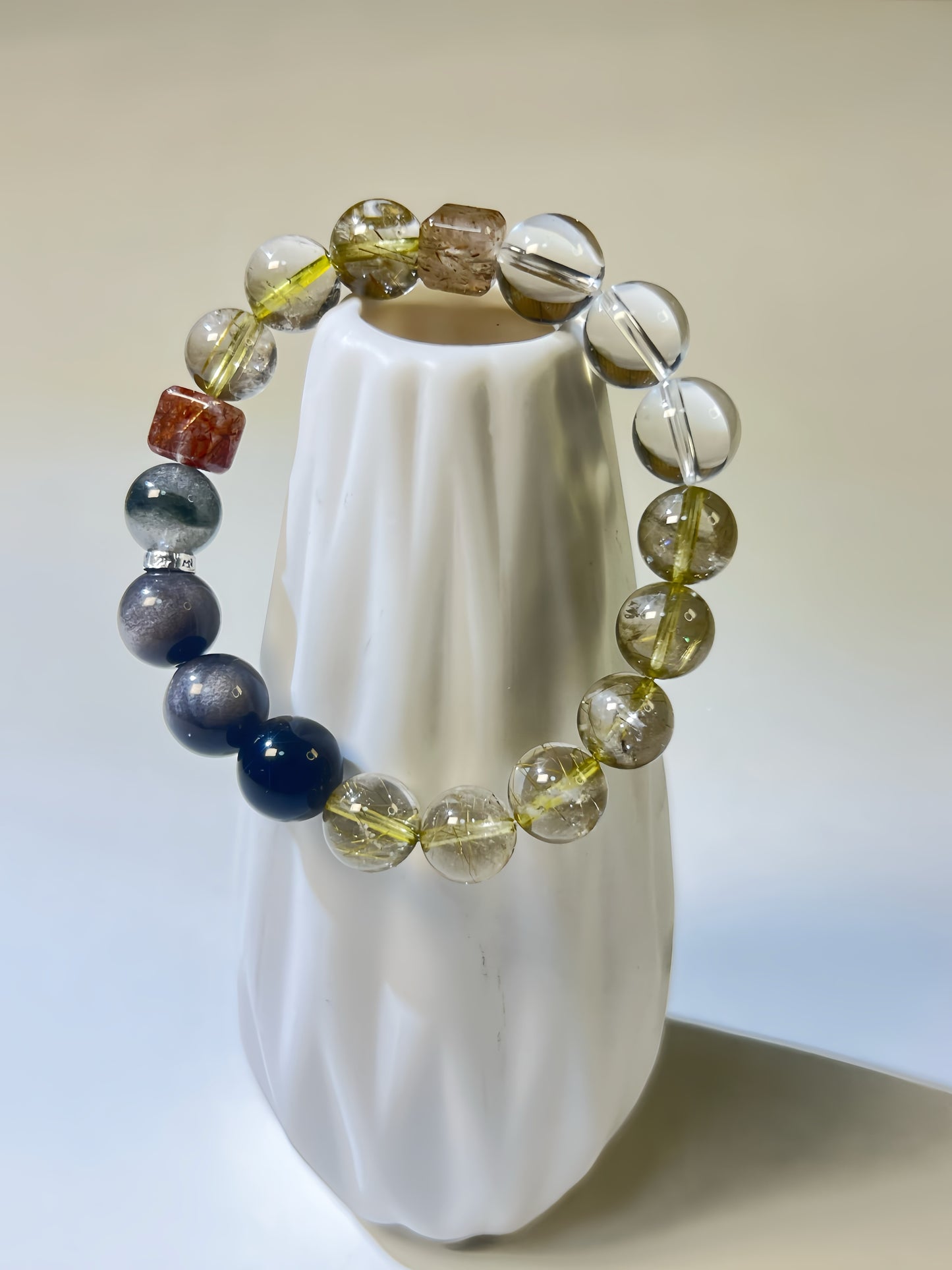 Golden Rutilated Quartz, Clear Quartz & Black Obsidian Bracelet Healing Energy, Chakra Balancing