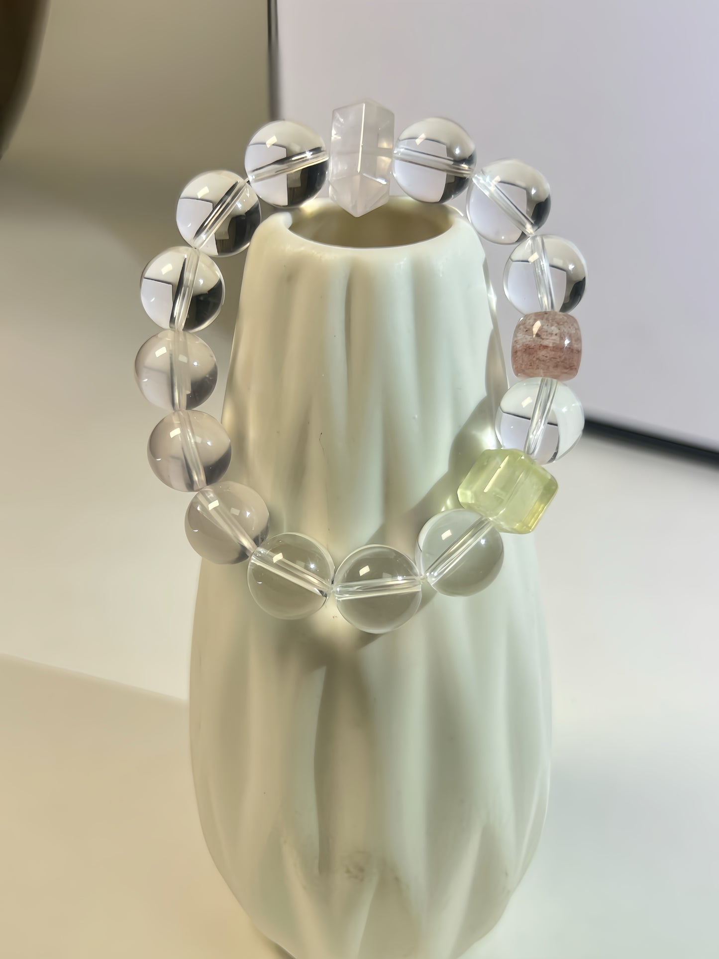 Rose Quartz, Clear Quartz, Lemon & Strawberry Quartz Healing Crystal Bracelet – Natural Gemstone Beads for Positive Energy, Chakra Balance & Spiritual Wellness