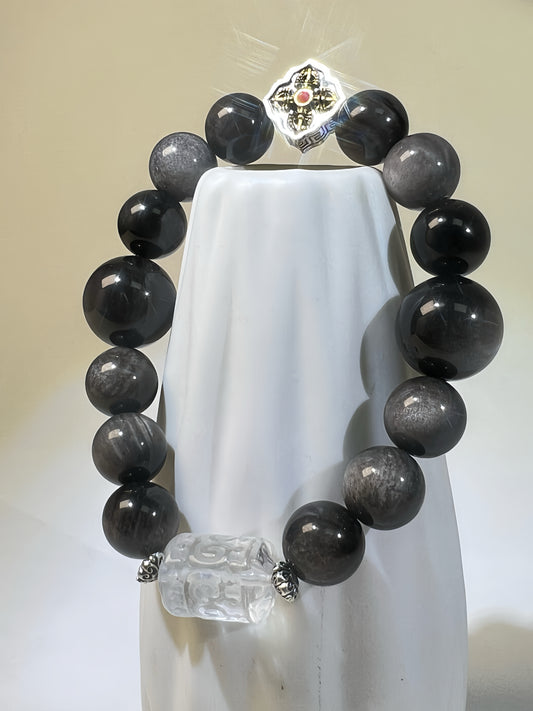 Tibetan Style Obsidian & White Crystal Mandala Carved Barrel Bead Bracelet