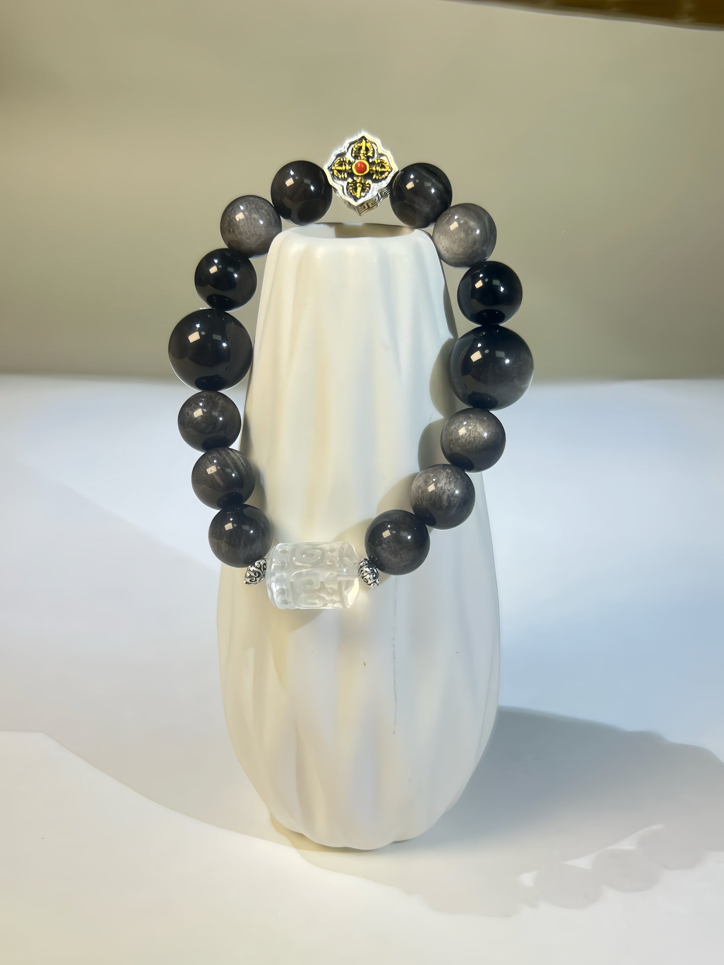 Tibetan Style Obsidian & White Crystal Mandala Carved Barrel Bead Bracelet