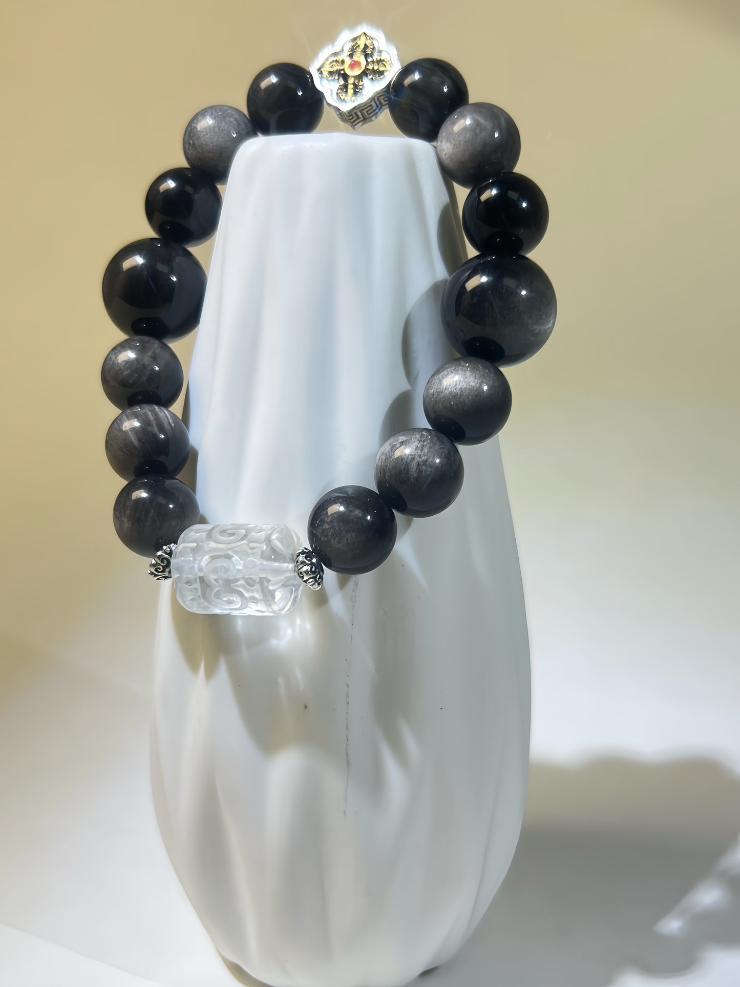 Tibetan Style Obsidian & White Crystal Mandala Carved Barrel Bead Bracelet