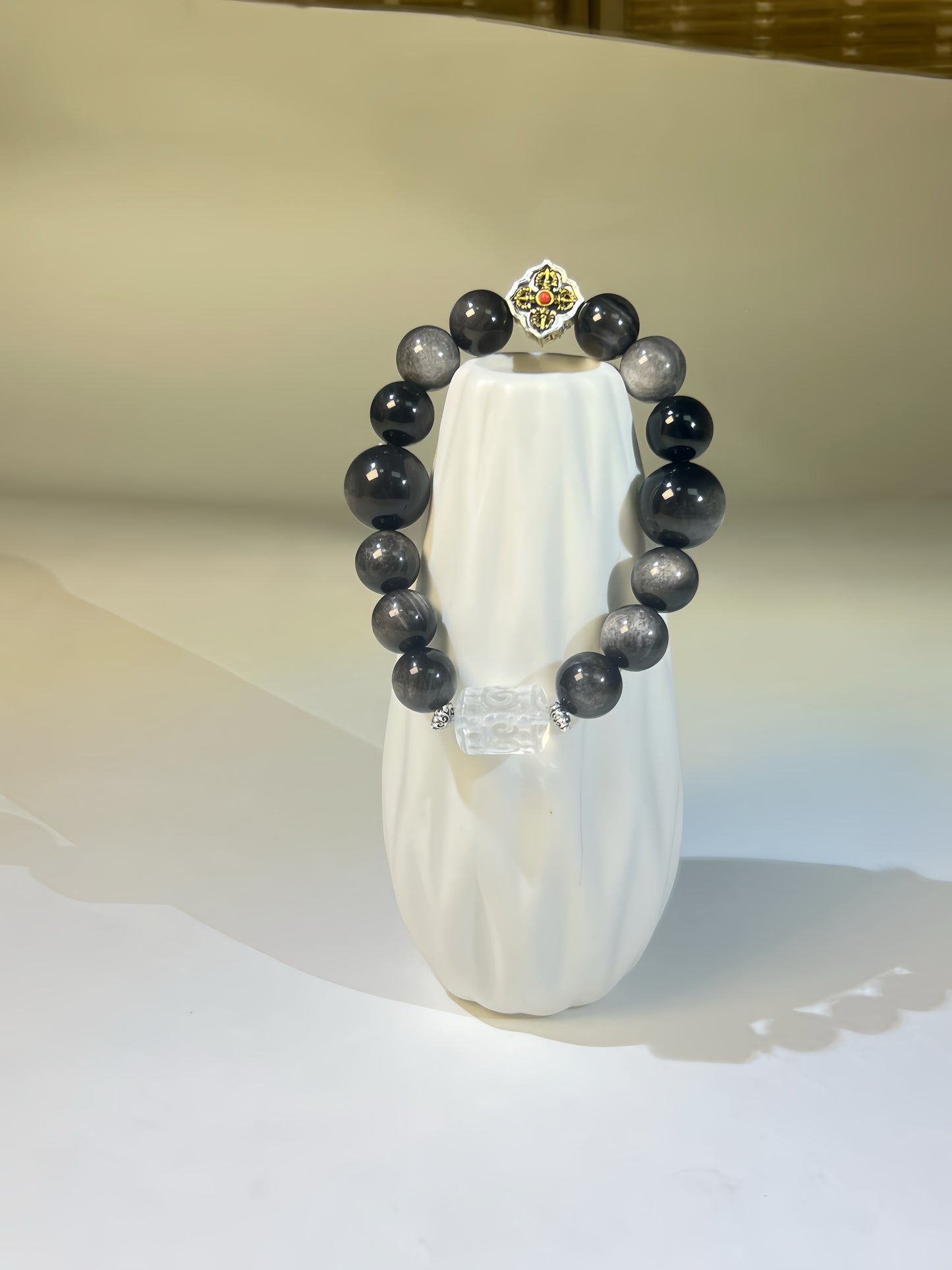 Tibetan Style Obsidian & White Crystal Mandala Carved Barrel Bead Bracelet