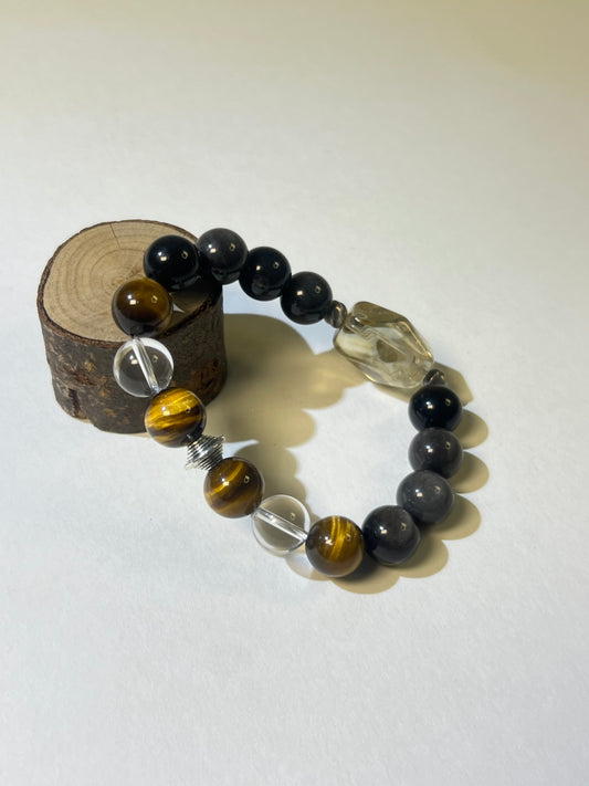 Chakra Balancing Bracelet – Smoky Quartz, Tiger’s Eye, Obsidian & Clear Quartz – Spiritual Gift for Anxiety Relief & Focus